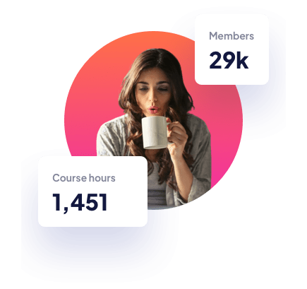 Woman with coffee mug and laptop. Program stats: 29k members, 1,451 course hours